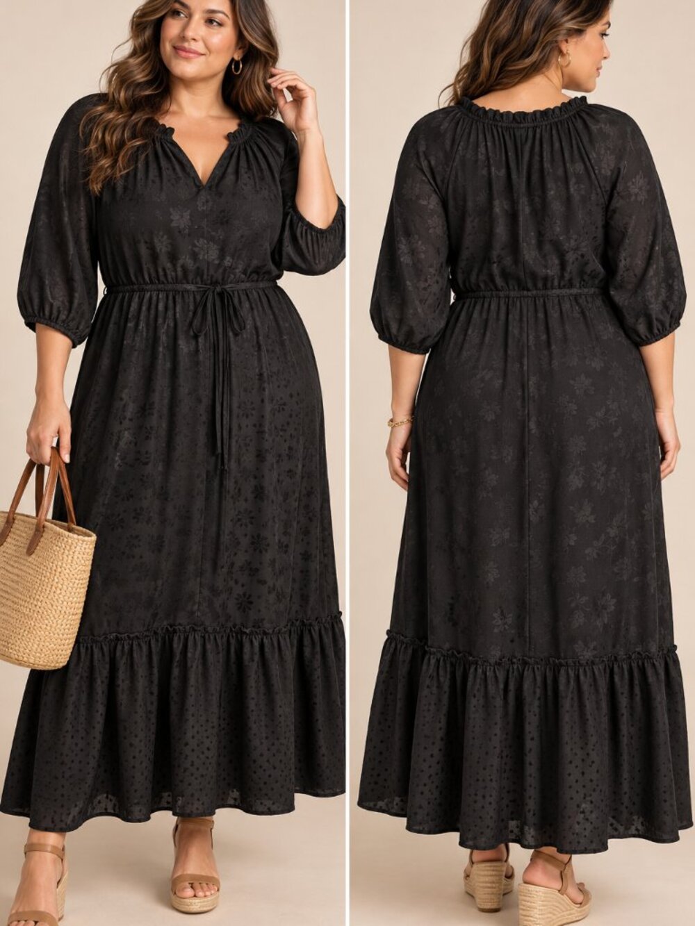 Draper James Martina Popover Black Floral Maxi Dress 2X